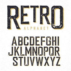 Retro typeface. Stamped alphabet, shadowed. Isolated on white - 108473579