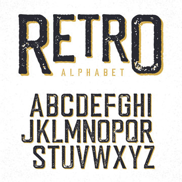 Retro typeface. Stamped alphabet, shadowed. Isolated on white