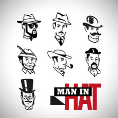 Hand drawn man portrait. Vector man in hat. 