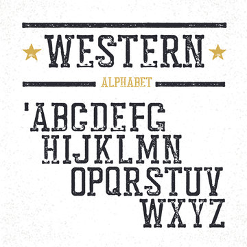 Vintage western alphabet. Stamped serif letters. Grunge style, r