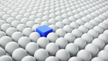 Blauer Würfel in Gruppe weißer Kugeln 2