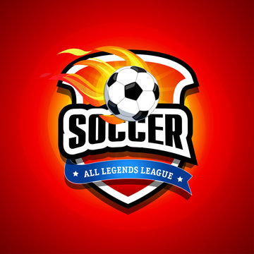 Soccer, football logo. Fire Red and dark blue soccer football badge logo design template, sport logotype template. Soccer Themed T shirt. Football logo. Vector illustration.