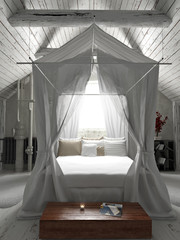 Fototapeta na wymiar Rustic charming bedroom with draped canopy bed . Photo realistic 3d rendering