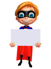 cute boy as a superhero with white board
