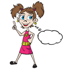 little girl in pink dress with thought bubble