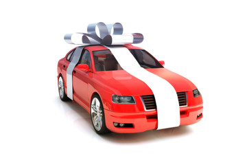 The big gift, Red generic car model with a silver bow isolated on a white background.