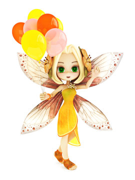 Cute toon fairy with wings smiling holding balloon's on a white isolated background. Part of a little fairy series.