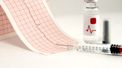 Syringe and vial on electrocardiograph.