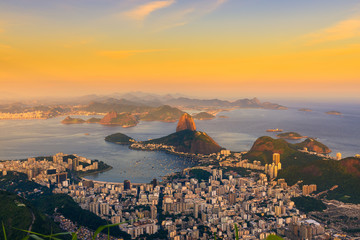 Sunset view of mountain Sugar Loaf and Botafogo. Rio de Janeiro - obrazy, fototapety, plakaty
