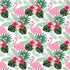 Fototapete Tropical jungle seamless pattern with flamingo bird, hibiscus and plumeria flowers and palm leaves, flat design, vector © tabitazn