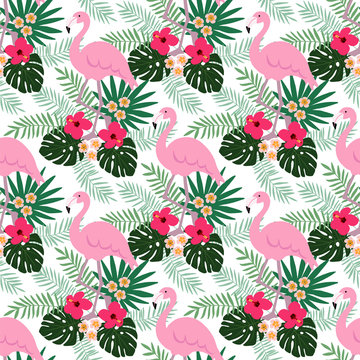 Tropical jungle seamless pattern with flamingo bird, hibiscus and plumeria flowers and palm leaves, flat design, vector