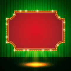Shining retro casino banner on green stage curtain