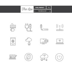 Thin line icon set of technology equipment, process, objects and
