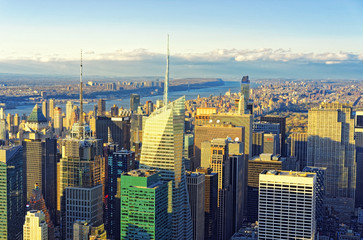 Aerial view from Empire State Building on Manhattan at sunset