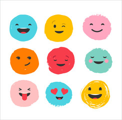 Hand drawn emoticons, colorful emoji icons with communication speech bubbles