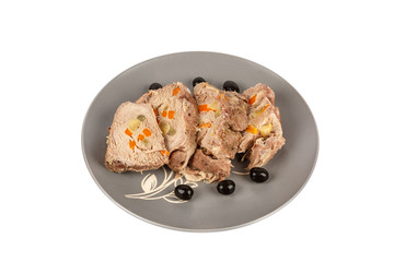Isolated boiled pork on dish on a white background.