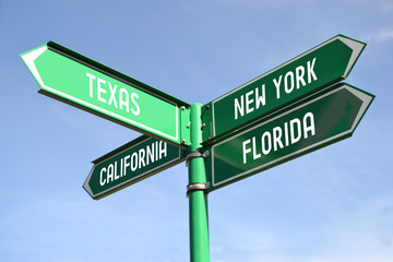 Texas, New York, Florida, California signpost