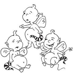 simple black and white smiling baby elfs