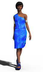 Young beautiful fashion model walking in a blue silk gown and trendy blue shoes. 3d illustration.