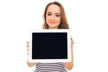 Fototapeta premium Portrait of attractive woman demonstrating black screen of tabl