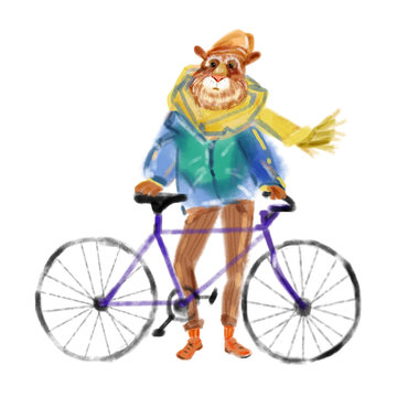 Hand drawn illustration of hamster man dressed up in fashionable style with bicycle. hamster boy dressed in cool clothes. Fashion animal design. hamster hipster. Magazine fashion look