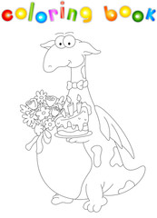 Cartoon dragon with a cake and flowers. Coloring book for kids