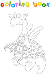 Cartoon dragon in a sweater reads a book. Coloring book for kids
