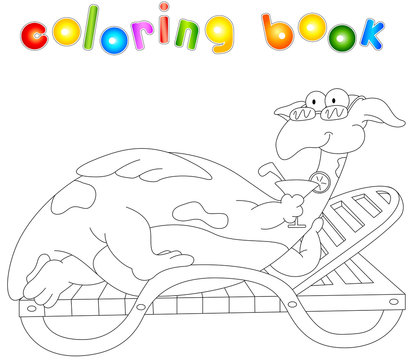 Cartoon dragon lying on a lounger and drinking a cocktail. Color