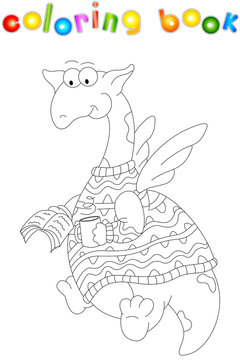 Cartoon dragon in a sweater reads a book. Coloring book for kids