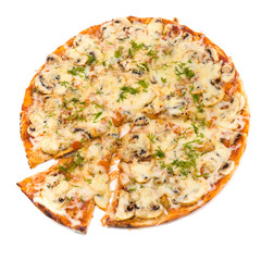 Pizza with cheese and ham isolated on white