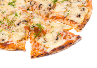 Pizza with cheese and ham isolated on white