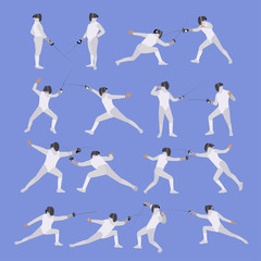 Vector set of sport fencing athletes isolated icons. Fencing silhouette illustration. Sport design elements and icons