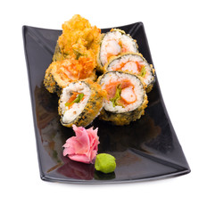 traditional fresh japanese sushi rolls on a white