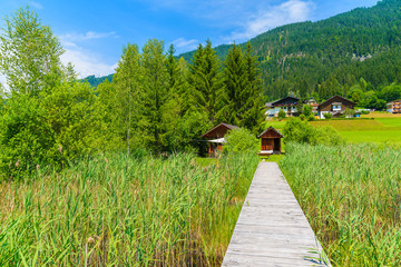 Wooden jetty in grass in alpine village on shore of Weissensee lake in summer landscape of Alps Mountains, Austria