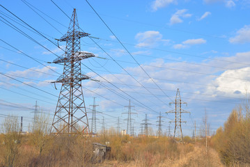Power line in the countryside in the early spring.