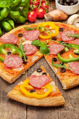 Tasty pizza with salami and paprika