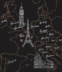 Map with sights of Europe on blackboard