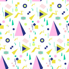 Seamless geometric vintage pattern in retro 80s style, memphis. Ideal for fabric design, paper print and website backdrop. EPS10 vector file.