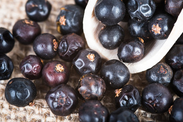 Wooden scoop with dried juniper berries