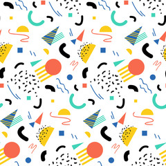 Seamless geometric vintage pattern in retro 80s style, memphis. Ideal for fabric design, paper print and website backdrop. EPS10 vector file.