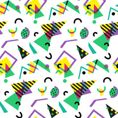 Seamless geometric vintage pattern in retro 80s style, memphis. Ideal for fabric design, paper print and website backdrop. EPS10 vector file.