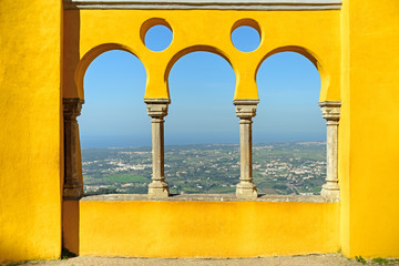 Pena National Palace  gallery and valley of Sintra at summer day from the terrace, Portugal