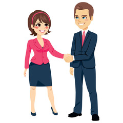 Businessman shaking hands with businesswoman happy standing negotiating