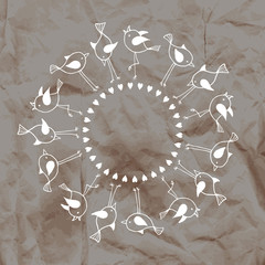 Round frame of  cute birds with space for text on crumpled kraft