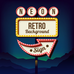 Neon sign with lights. Retro billboard in the city at night. Clean place with a frame. Volumetric vintage frame. Roadside sign. Road red sign from the 50s. Shield against night mountain. 