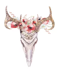 Poster de jardin Boho Crâne de cerf de Bohême à l& 39 aquarelle. Mammifères occidentaux. Aquarelle d