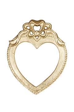 Gold heart picture frame isolated on white with clipping path.