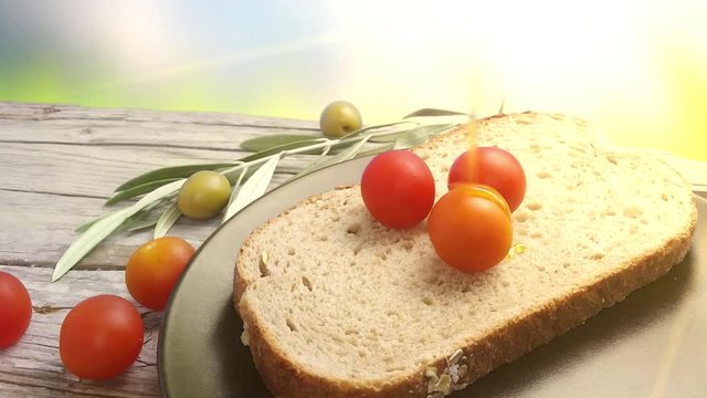 Breakfast with bread with tomato and olive oil