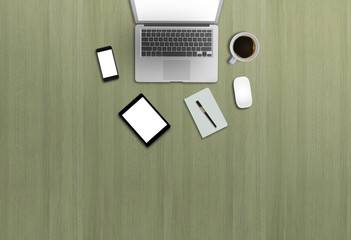 Office desk image for mock up presentation. View from above. Wooden background