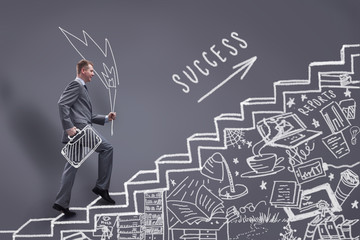 Businessman climbing on career success stairs ,drawn on a chalk